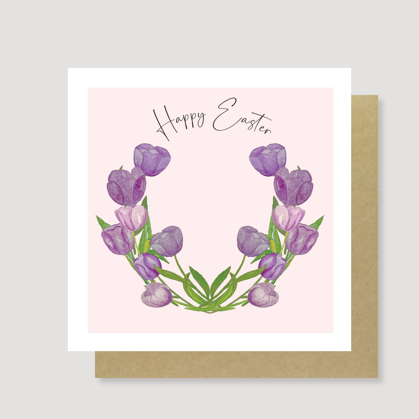 Purple tulip wreath Easter card - pack of 6