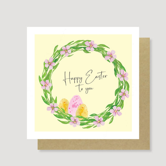 Pink and yellow wreath Easter card - pack of 6