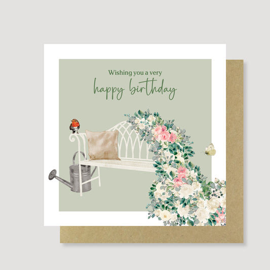 Floral bench birthday card - Hand Painted, Eco Friendly