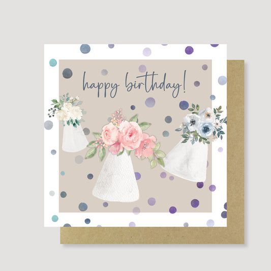 Floral party hats birthday card - Hand Painted, Eco Friendly