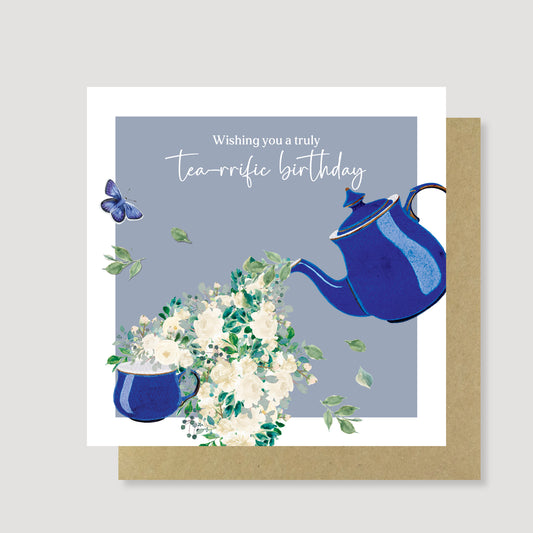 Floral teapot birthday card - Hand Painted, Eco Friendly