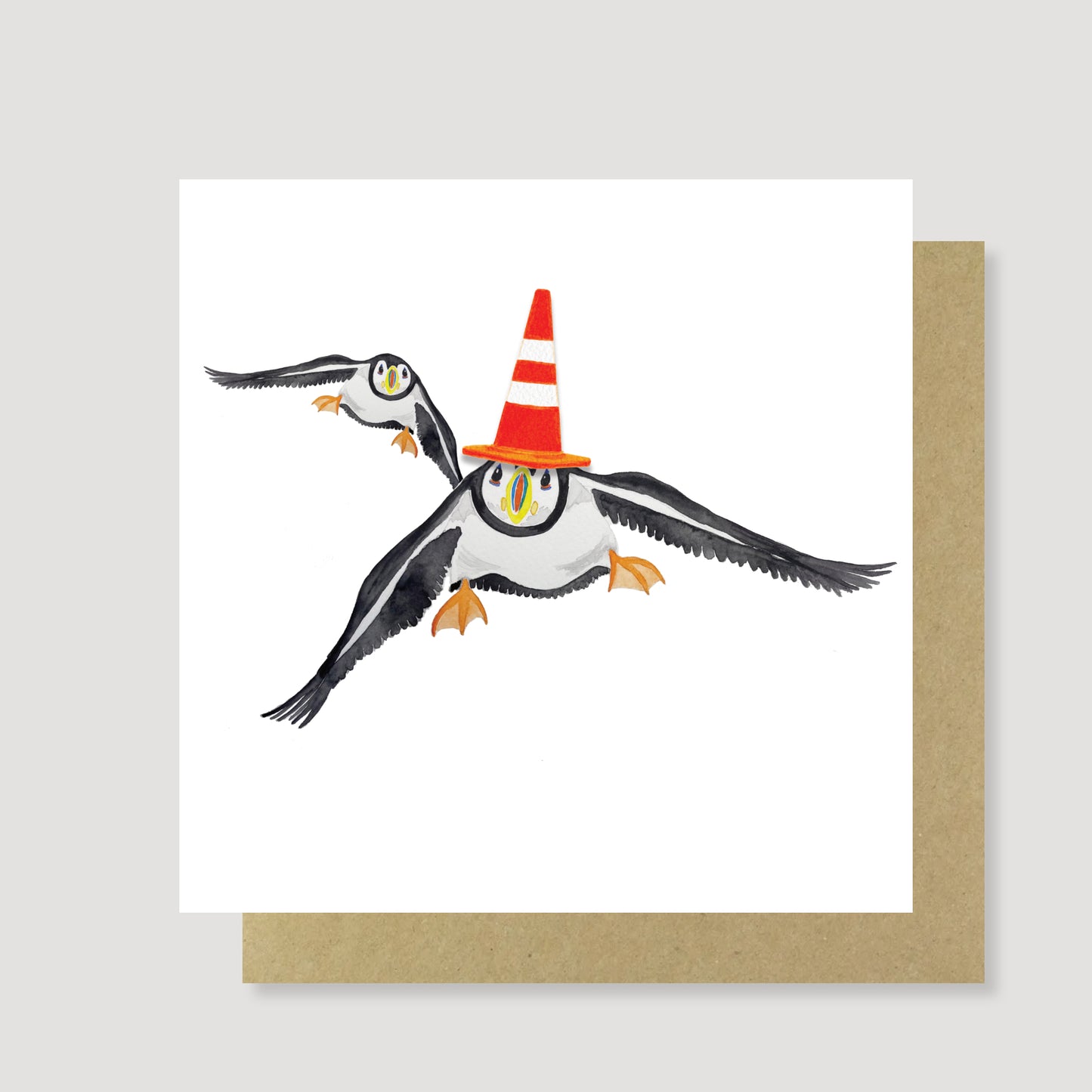 Flying puffins with traffic cone watercolour Greeting Card