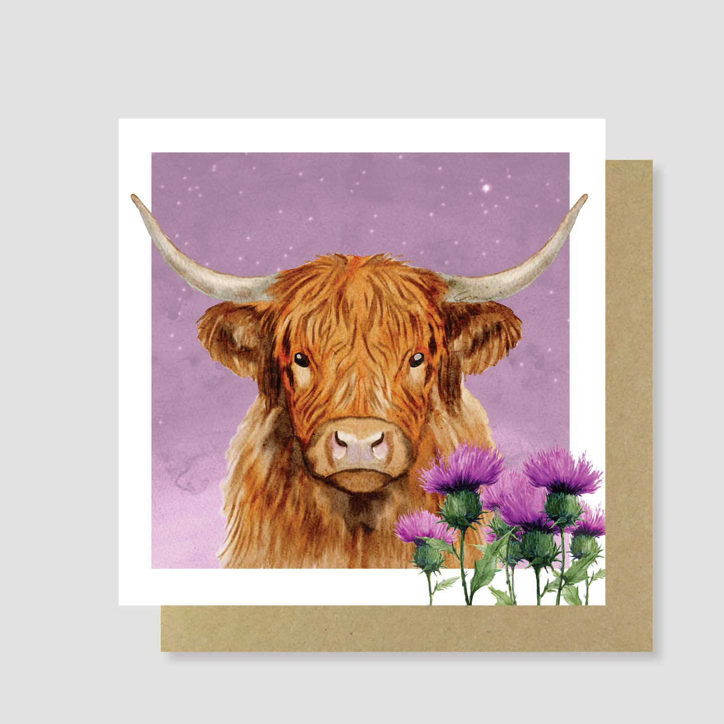 Highland Cow and Scottish Thistle Hand Painted Greeting Card