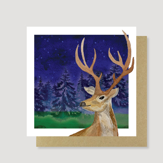 Deer at night Hand Painted Watercolour Blank Greeting Card