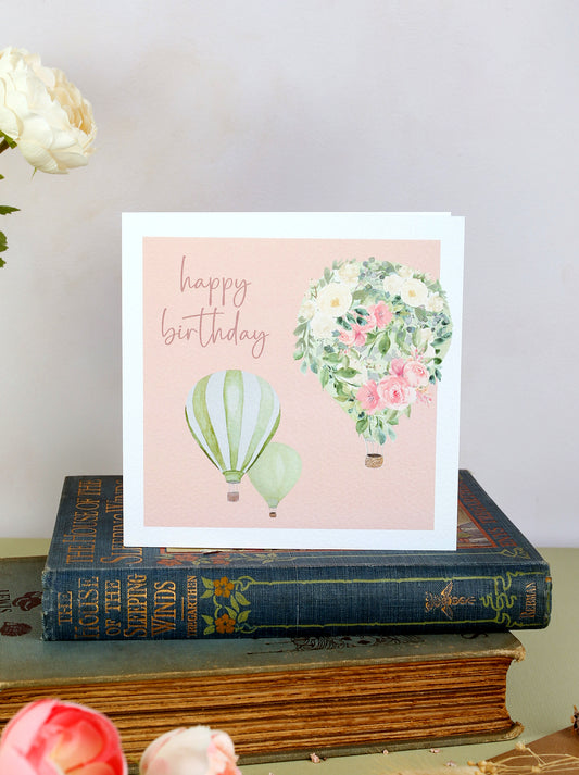 Elegant Floral Hot Air Balloon Watercolor Birthday Card