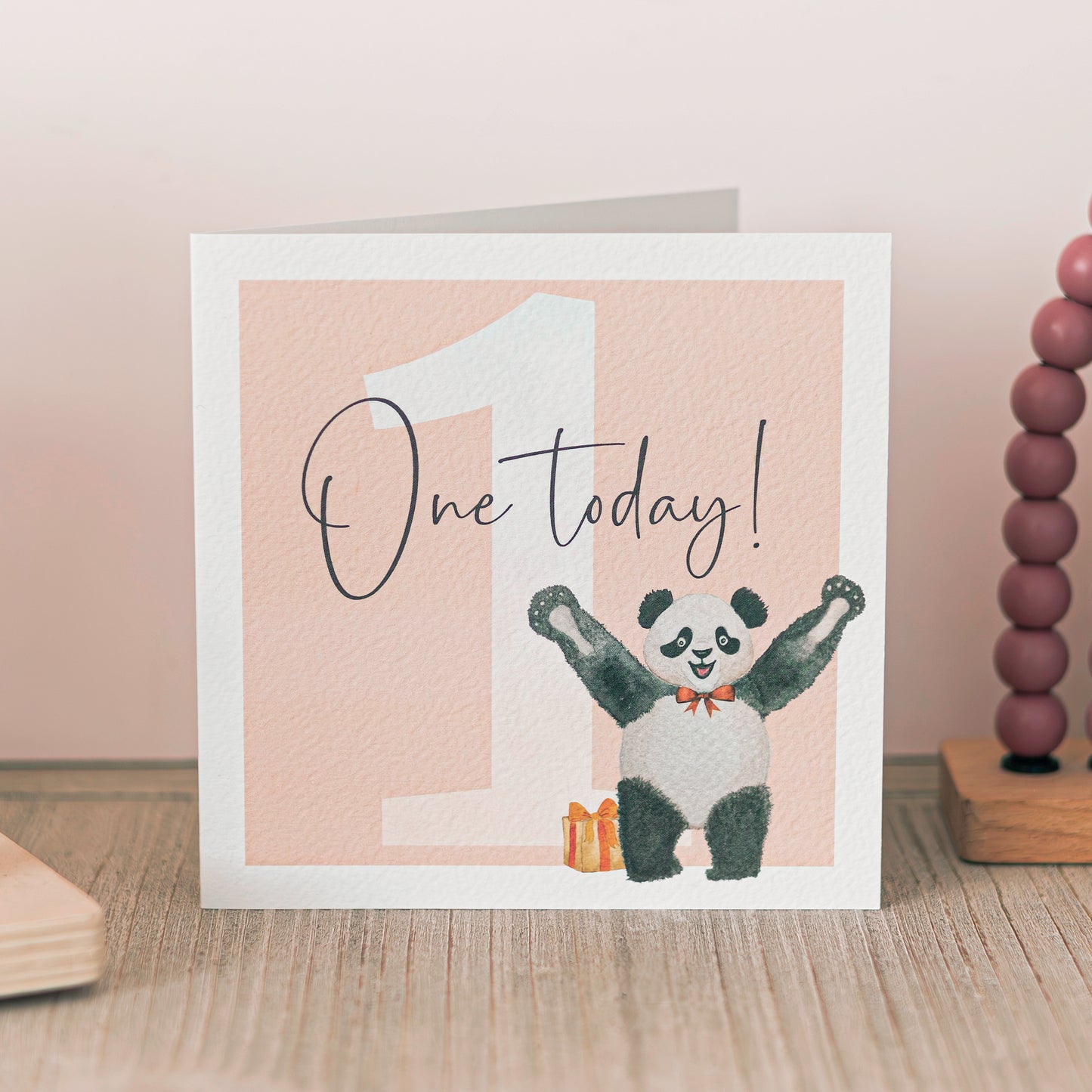 Cute Panda First Birthday Card in Peach – Eco Friendly!