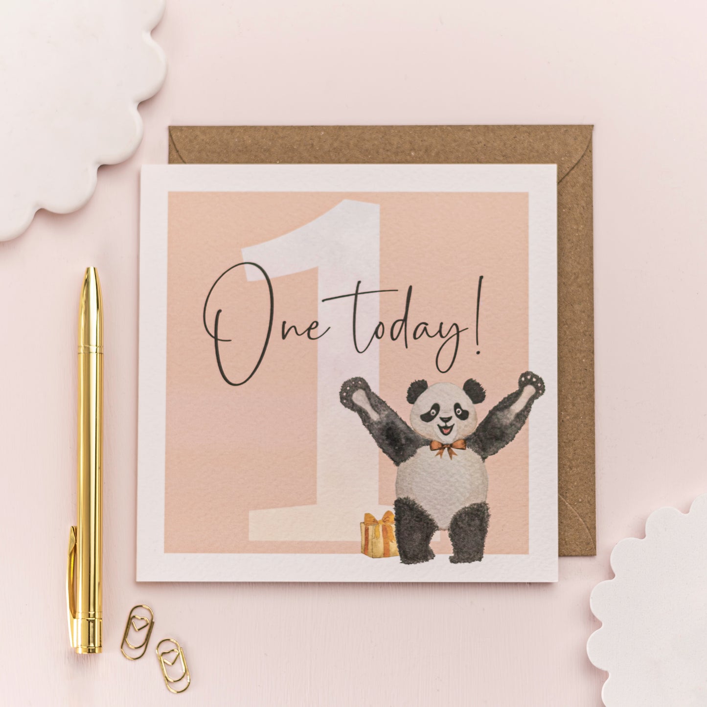 Cute Panda First Birthday Card in Peach – Eco Friendly!