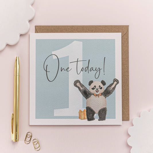 Cute Panda First Birthday Card in Teal – Eco Friendly Art