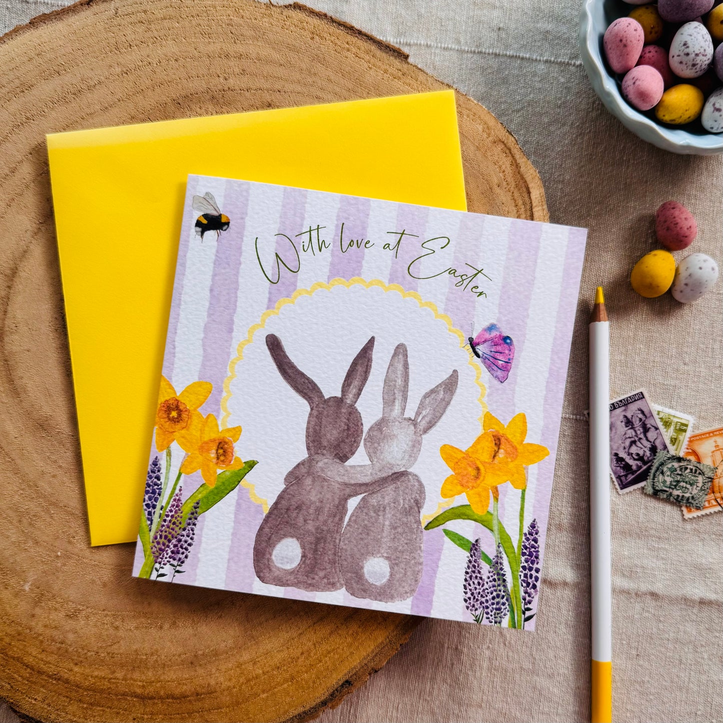 With love at Easter - hand painted eco-friendly bunnies card