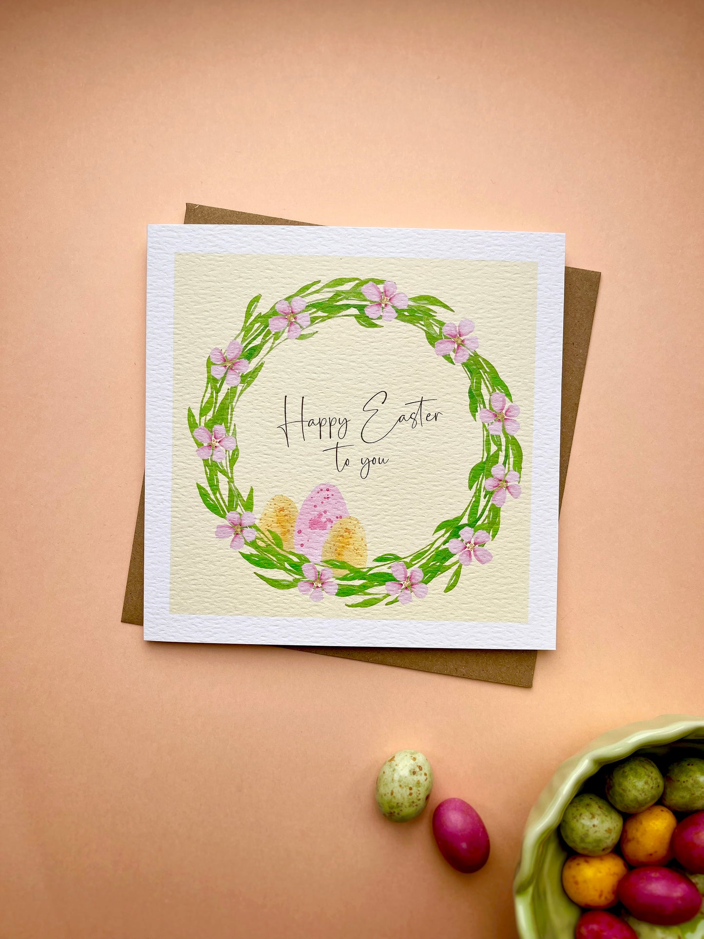 Pastel Watercolor Easter Greeting Card with Wreath Design