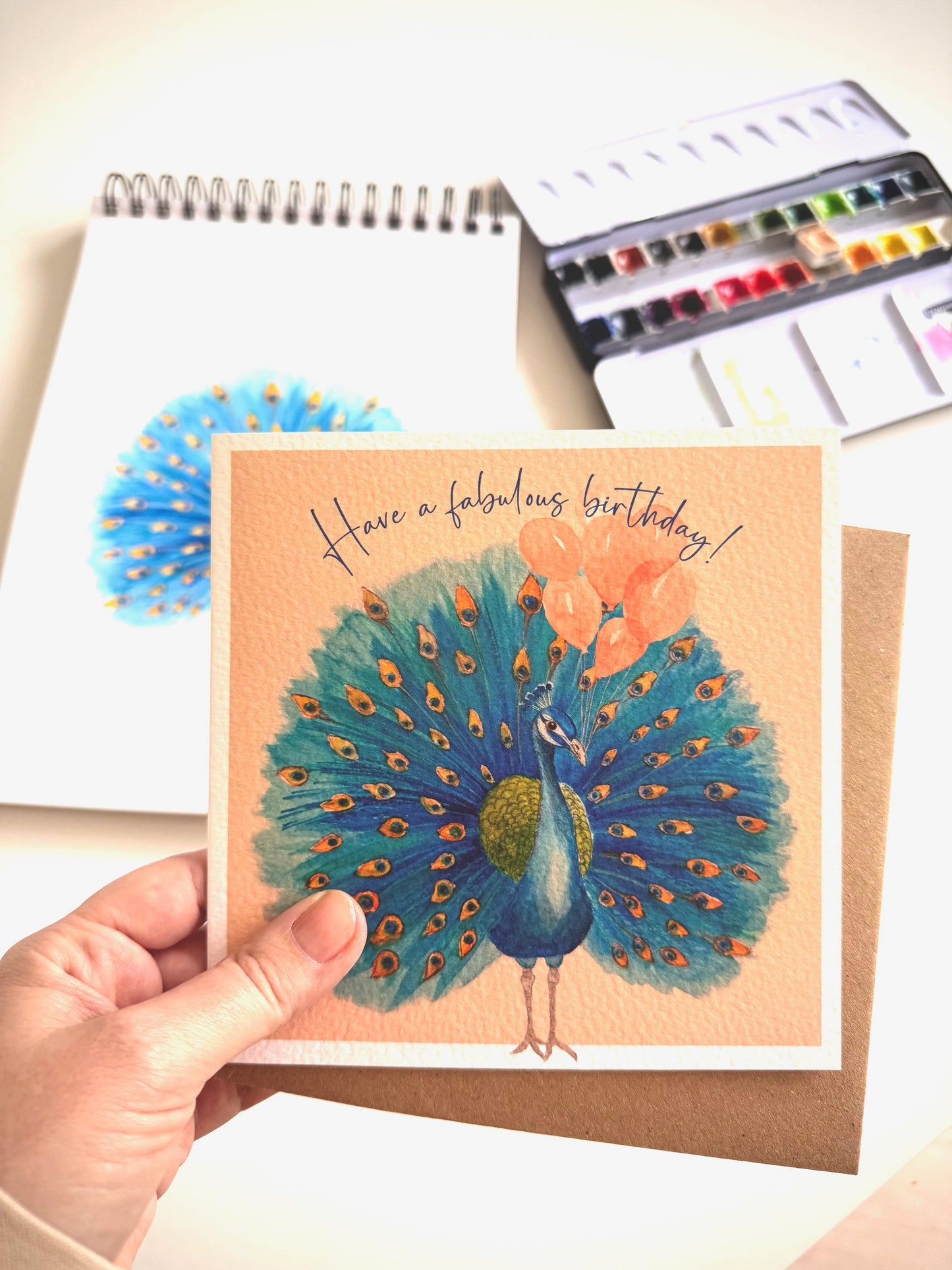 Luxury Peacock Bird Birthday Card – Hand Painted Watercolor