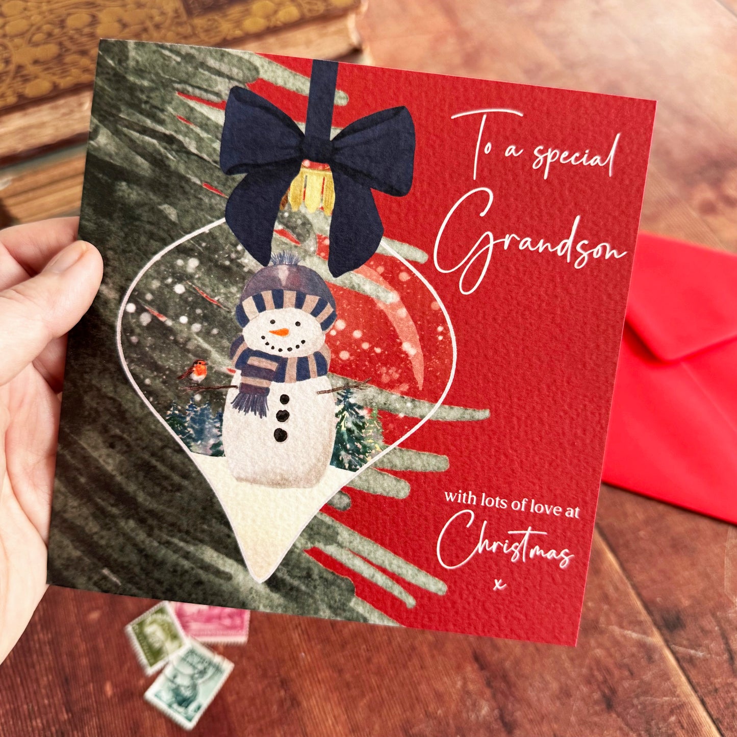 Hand-Painted Christmas Card for Grandson - Eco Friendly