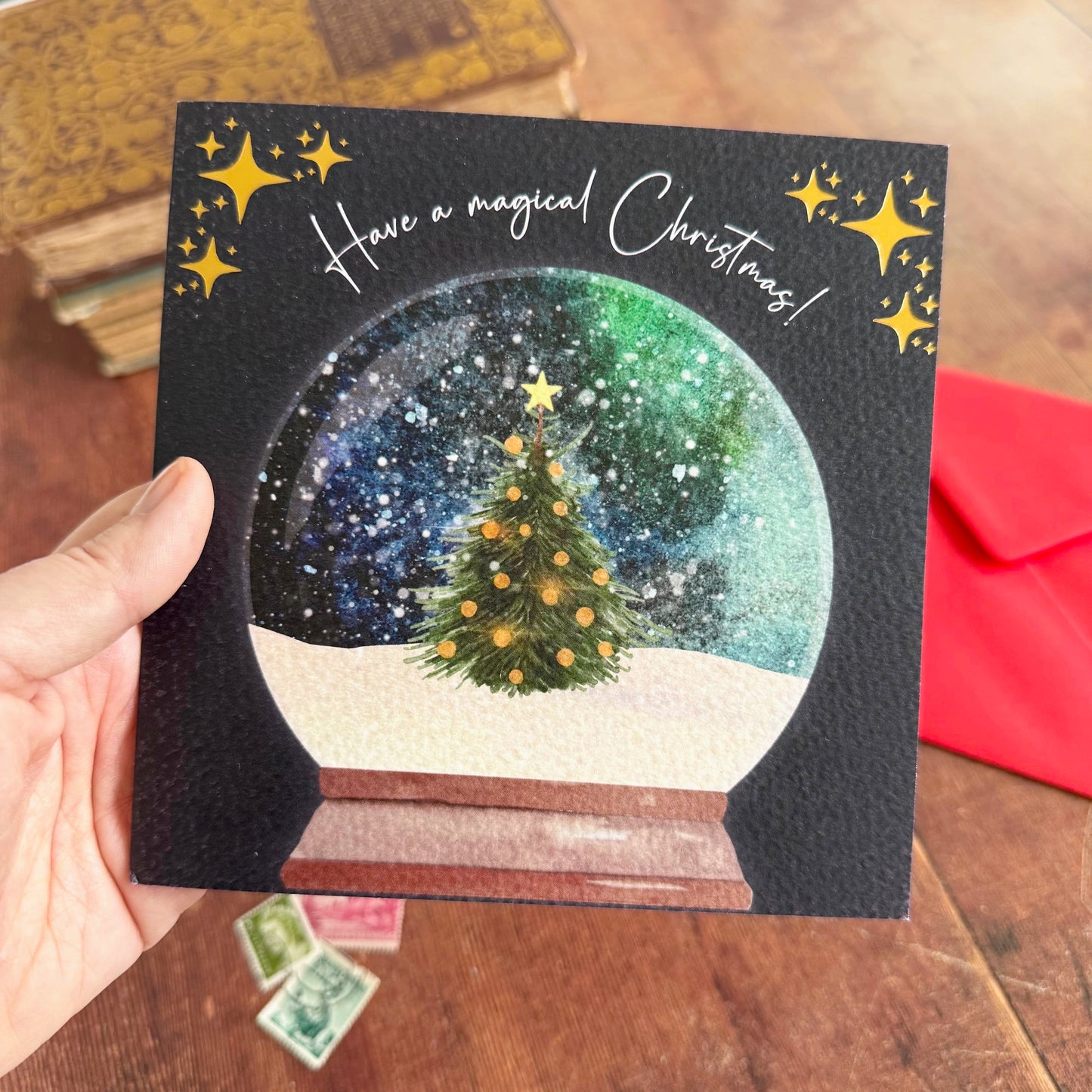 Magical Snow Globe Christmas Card with Gold Foiled Stars