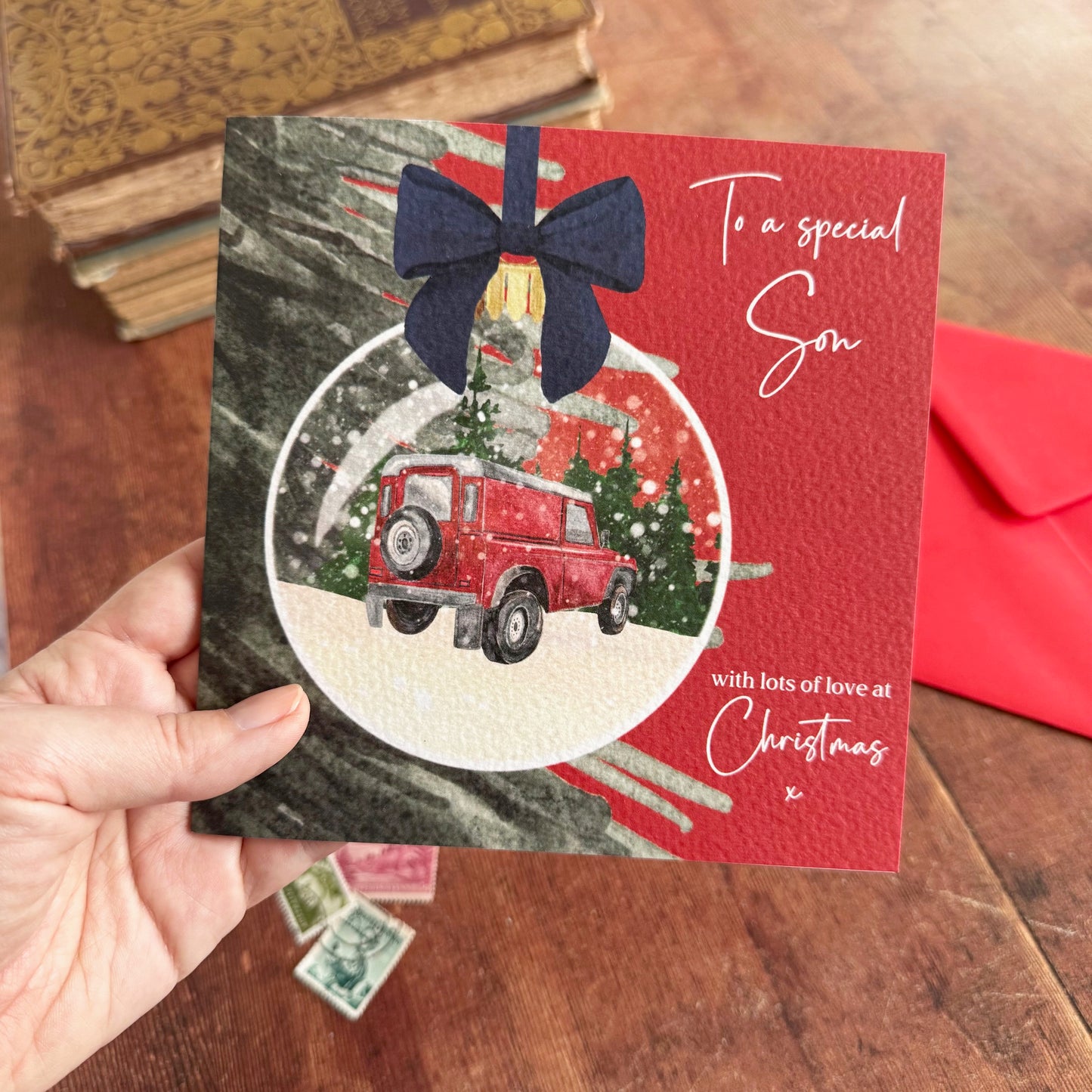 Festive Car Watercolor Christmas Card for Son – Eco Friendly