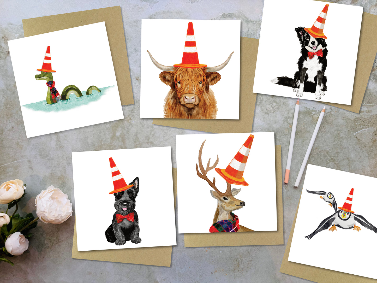 Scottie Dog with traffic cone watercolour Greeting Card